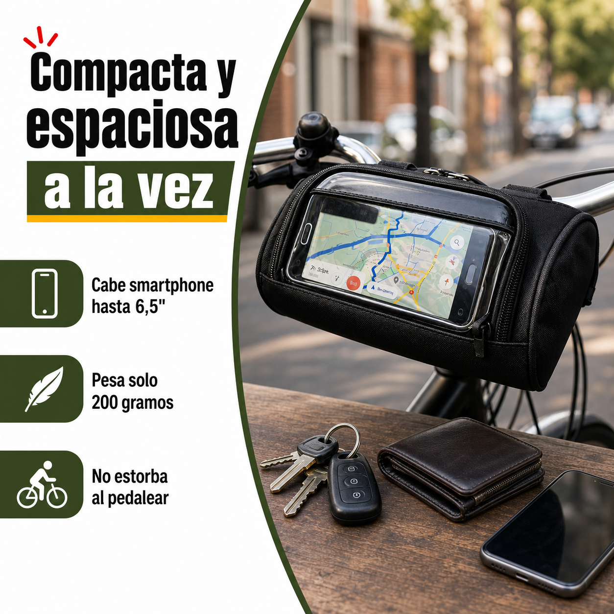 Bolsa de manillar para bicicleta mostrando dimensiones de 22 × 12 × 12,5 cm junto a objetos cotidianos