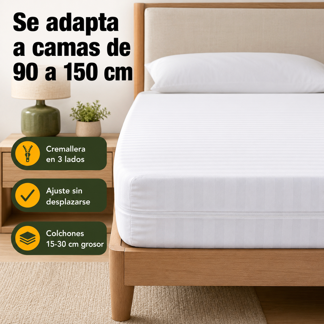Funda de colchón impermeable mostrada en escala real sobre cama con medidas de ancho