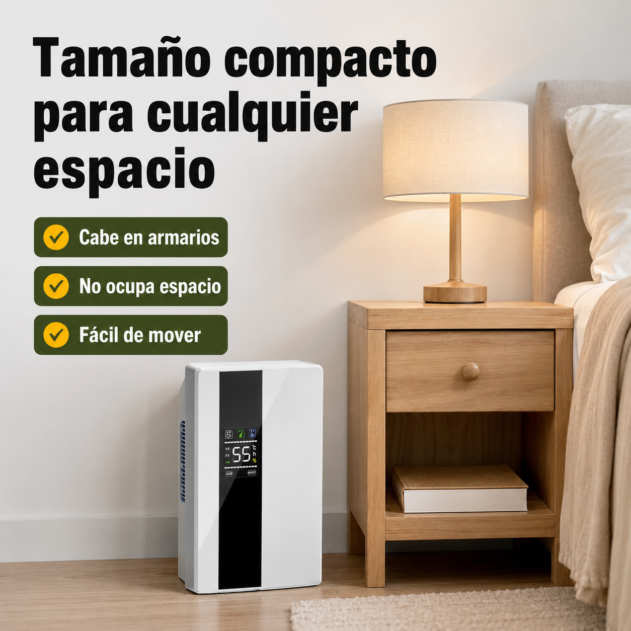 Deshumidificador compacto junto a objetos cotidianos mostrando su tamaño ideal para habitaciones pequeñas y armarios