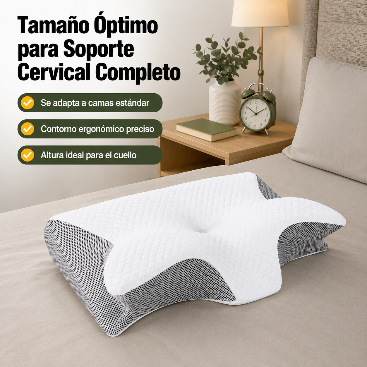 Almohada cervical ortopédica mostrada en contexto real junto a objetos cotidianos para apreciar su tamaño y proporciones