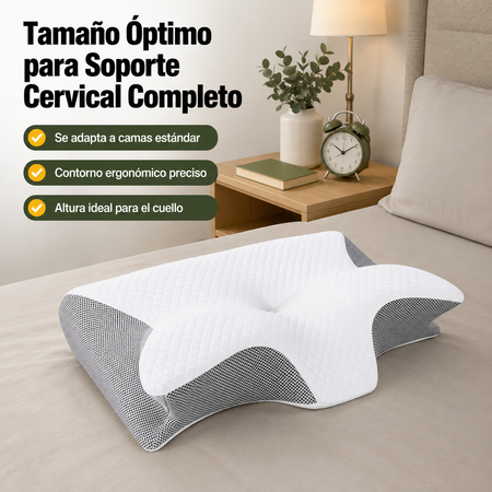 Almohada cervical ortopédica mostrada en contexto real junto a objetos cotidianos para apreciar su tamaño y proporciones