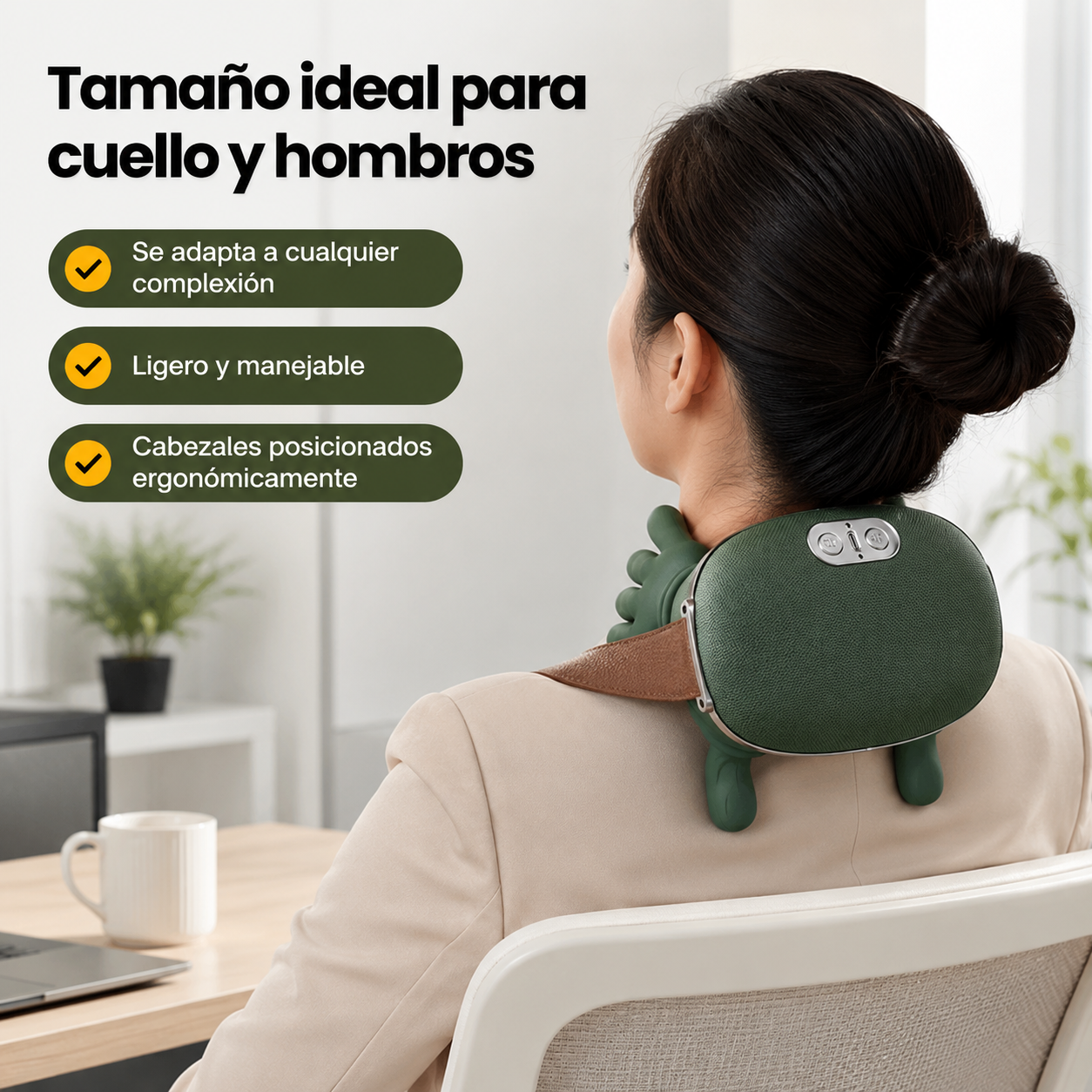 Masajeador cervical shiatsu colocado sobre los hombros mostrando su tamaño y posición de uso