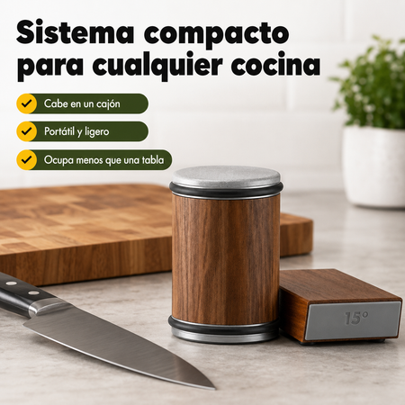 Afilador de cuchillos rodante junto a cuchillo de cocina mostrando el tamaño del sistema completo