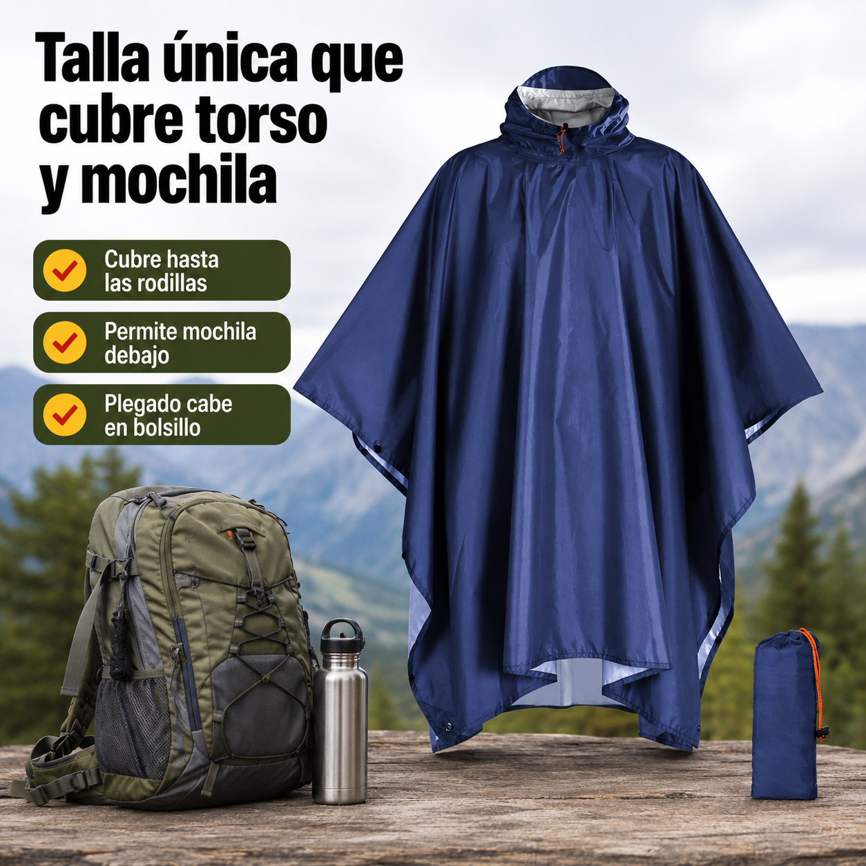 Poncho impermeable 3 en 1 extendido junto a mochila de senderismo mostrando tamaño real en contexto de uso
