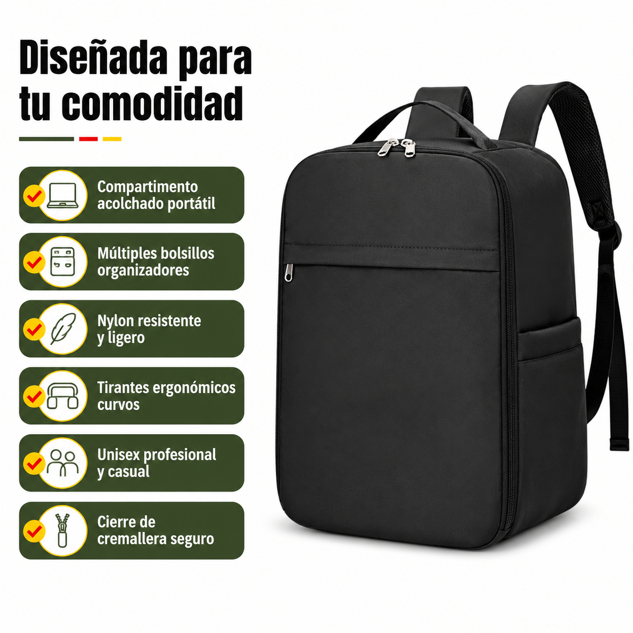 Lista de beneficios clave de la mochila: compartimento acolchado, múltiples bolsillos, nylon resistente y diseño unisex