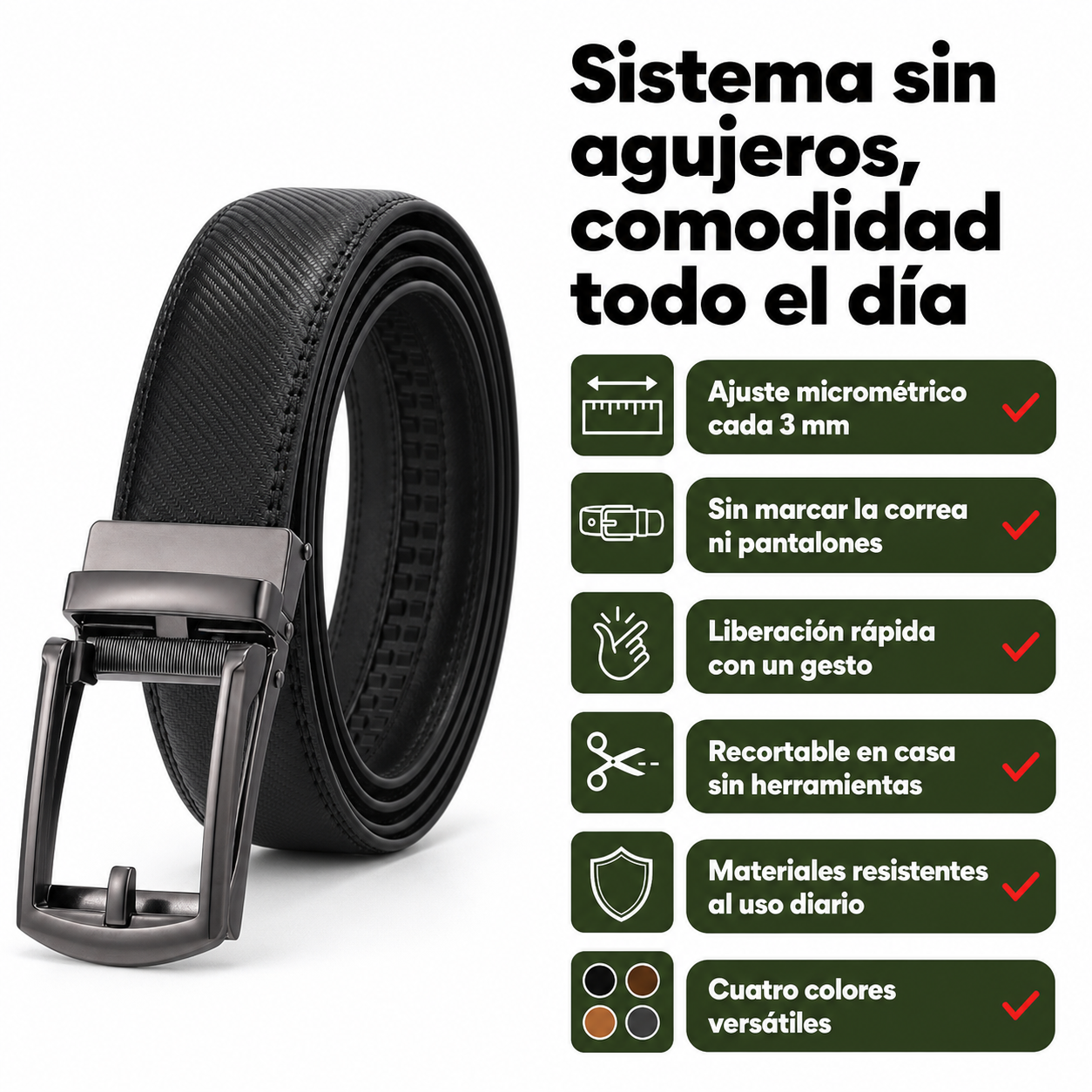 Diagrama de beneficios del cinturón automático: sin agujeros, ajuste cada 3 mm, liberación rápida, recortable en casa
