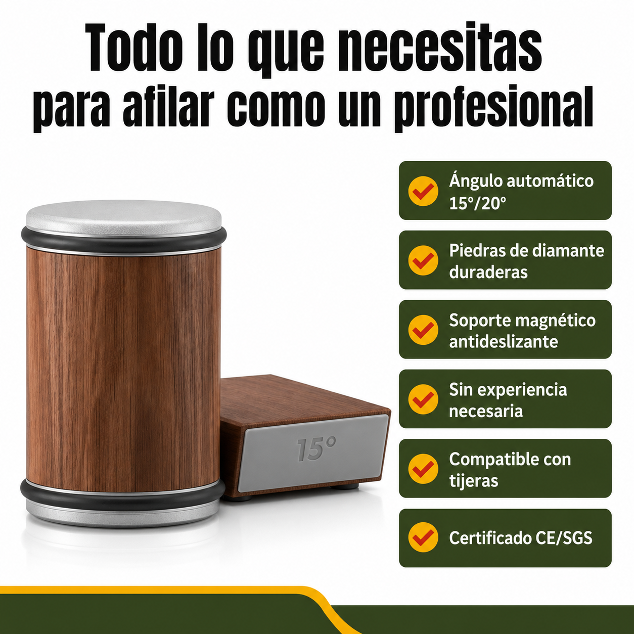 Diagrama de beneficios del afilador rodante: ángulo preciso, piedras de diamante, soporte magnético y compatibilidad universal