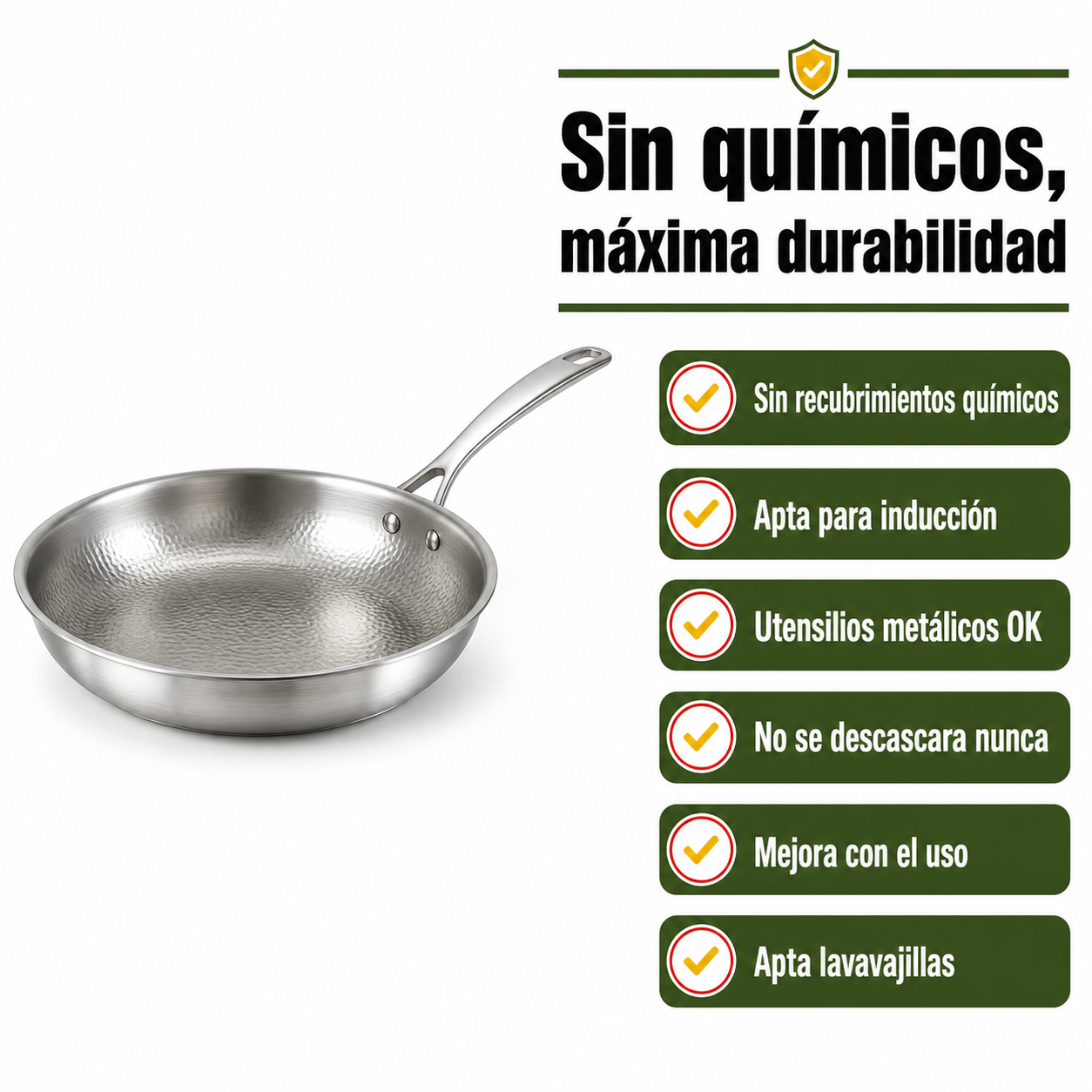 Lista de beneficios de la sartén: sin recubrimientos químicos, apta para inducción, compatible con utensilios metálicos y duradera