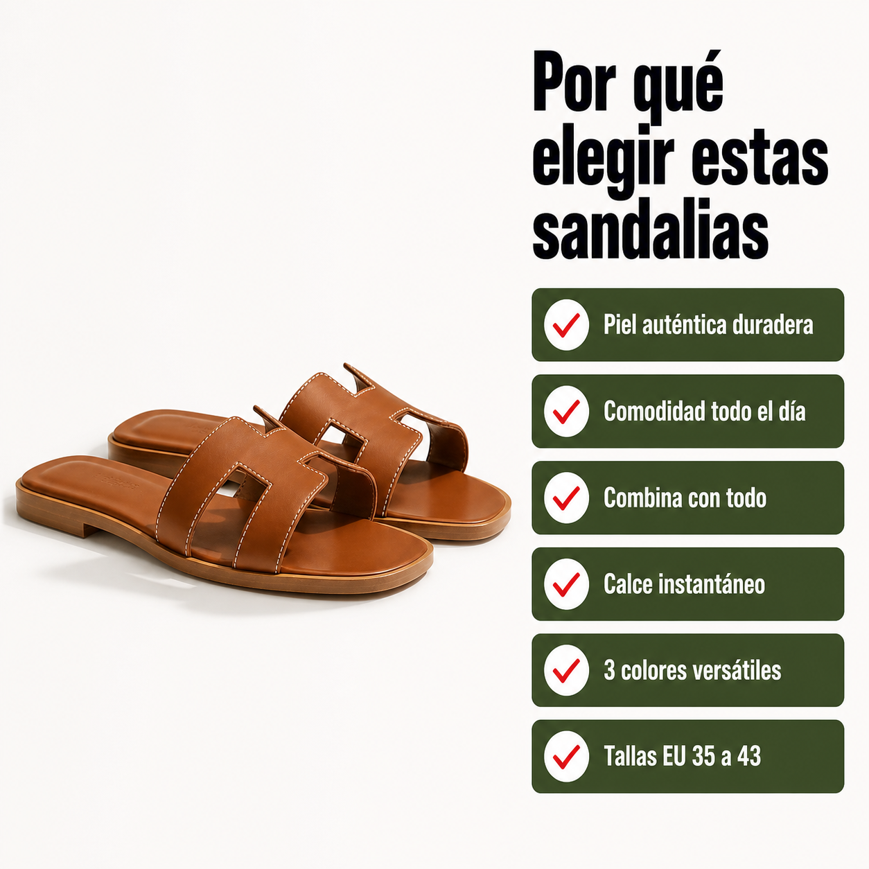 Infografía de beneficios de las sandalias de piel: material auténtico, comodidad todo el día, diseño versátil y calce rápido