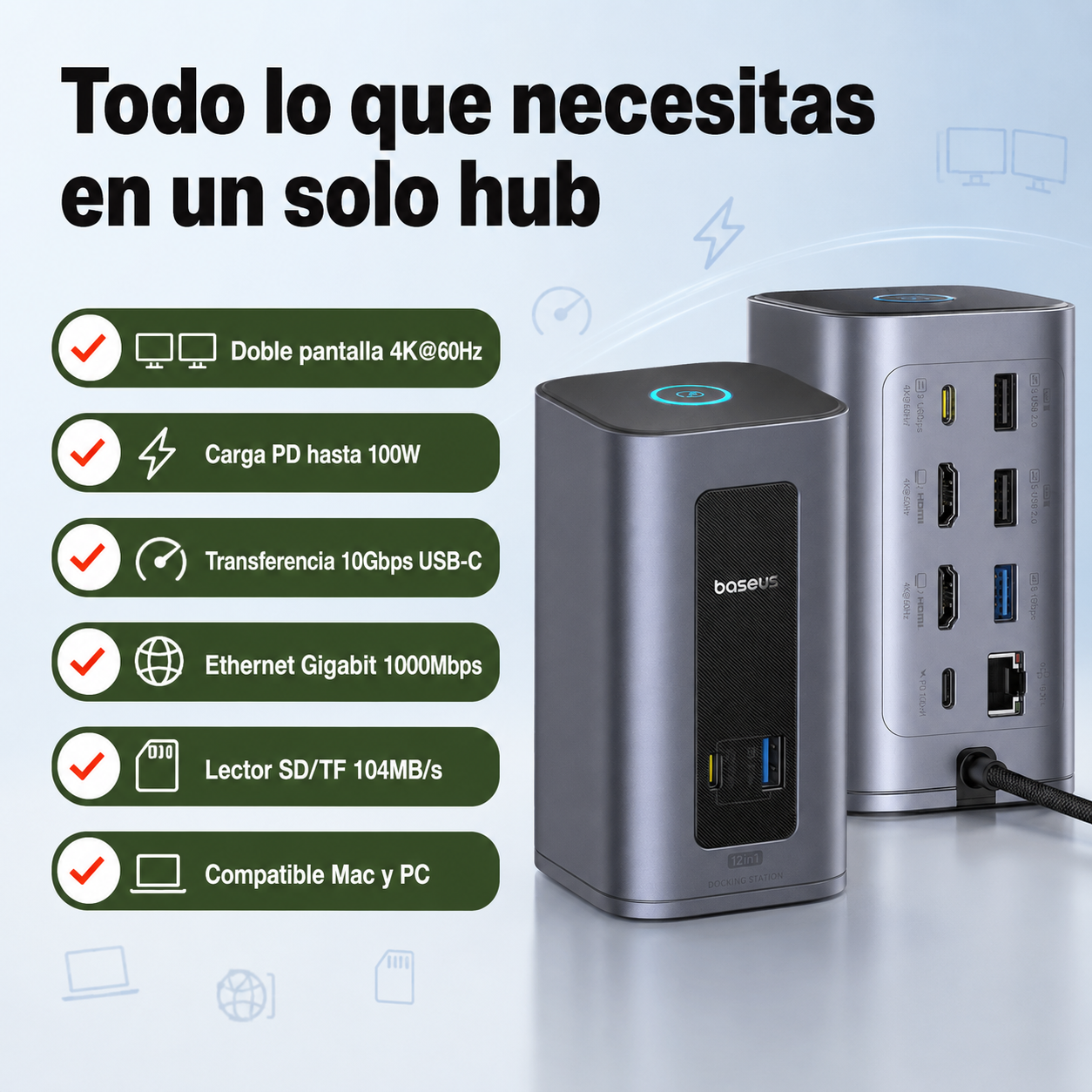 Diagrama de beneficios del hub USB-C: doble 4K, transferencia 10Gbps, carga 100W y Ethernet Gigabit