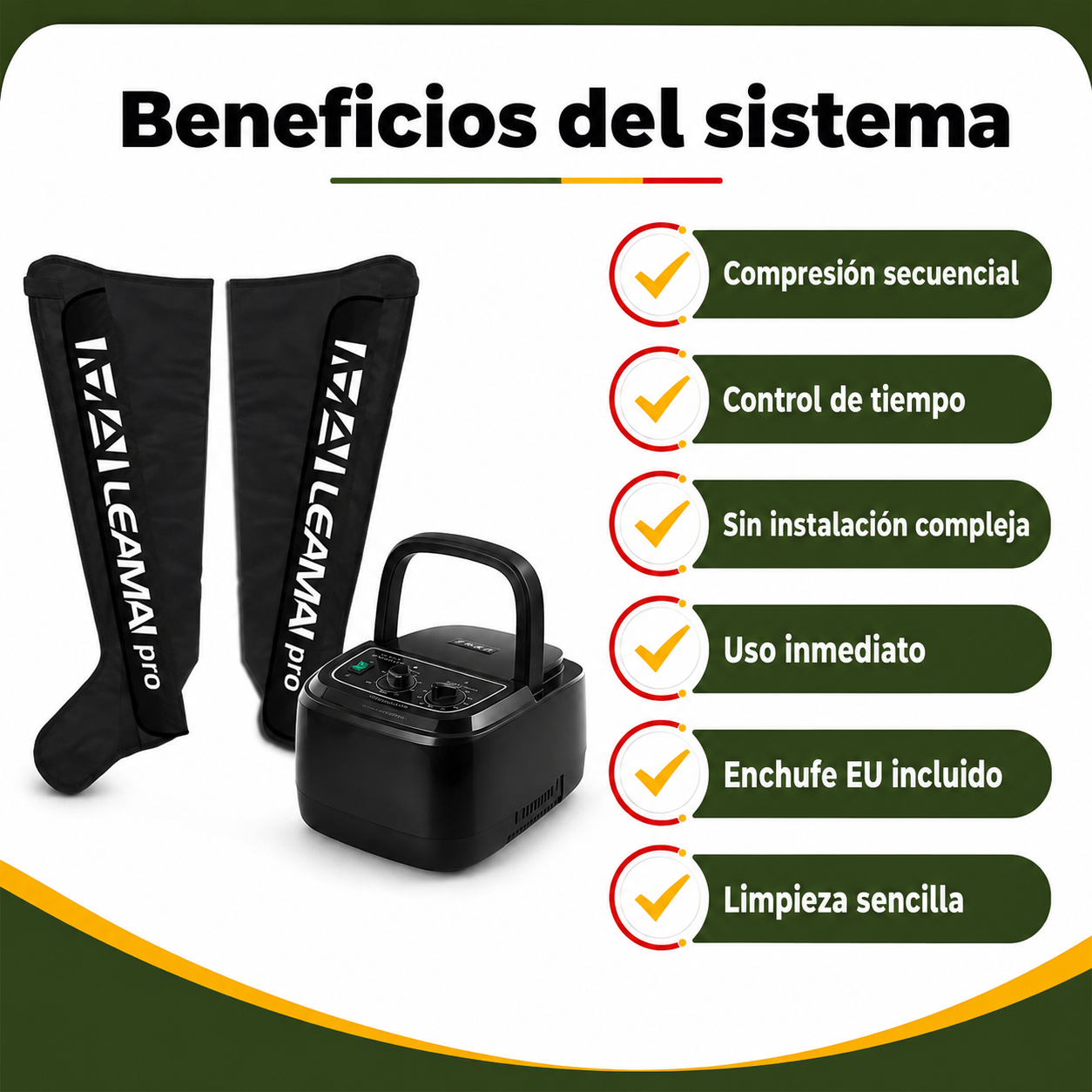 Características principales del sistema de masaje por compresión de aire para piernas