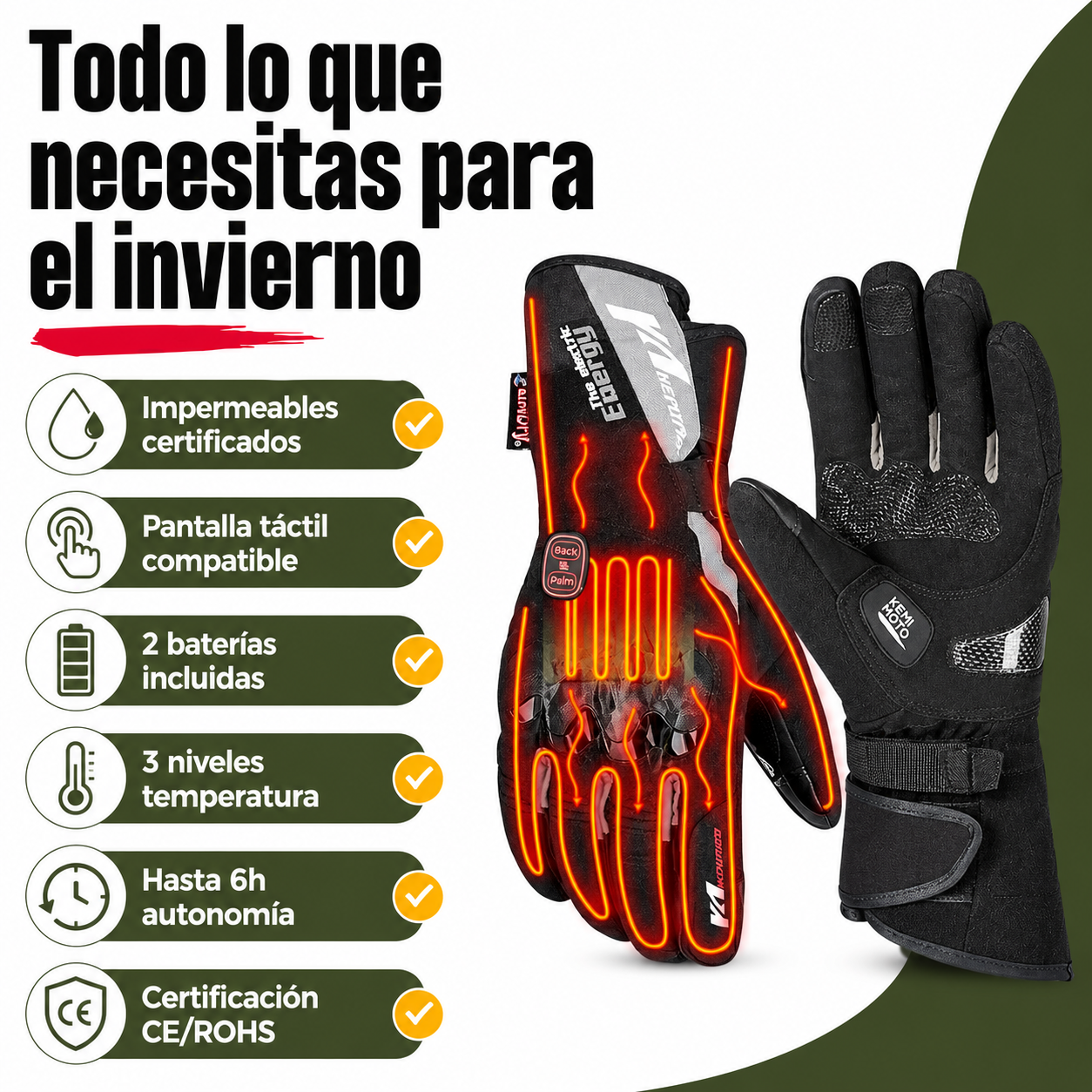 Lista de características principales de los guantes calefactables: impermeables, táctiles, batería incluida y tres niveles de temperatura