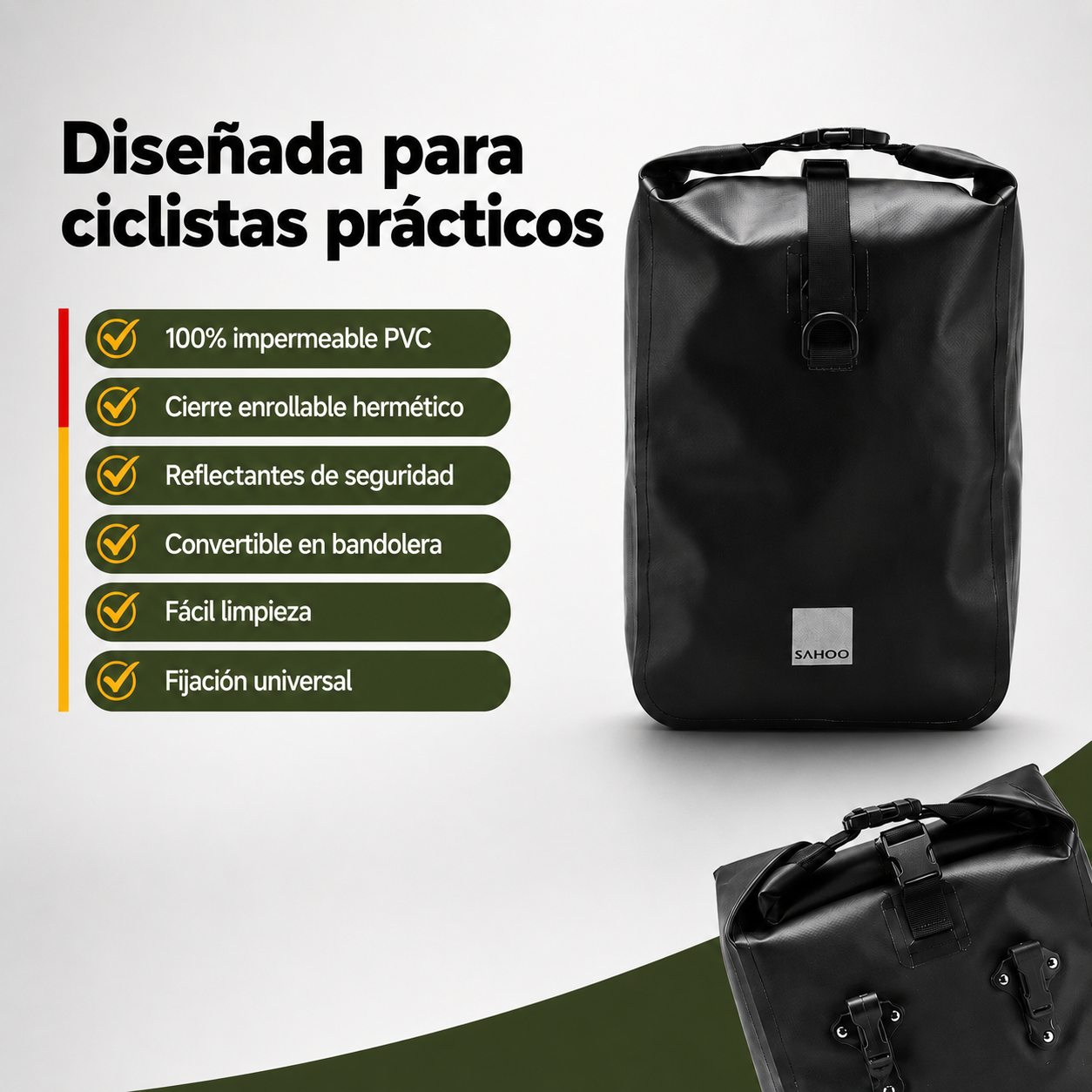 Lista de características de la alforja impermeable: sin fugas, reflectante, convertible en bandolera y fácil limpieza