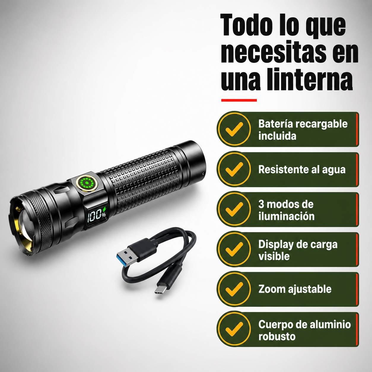 Listado de beneficios clave de la linterna LED recargable: batería incluida, resistente al agua, tres modos de luz