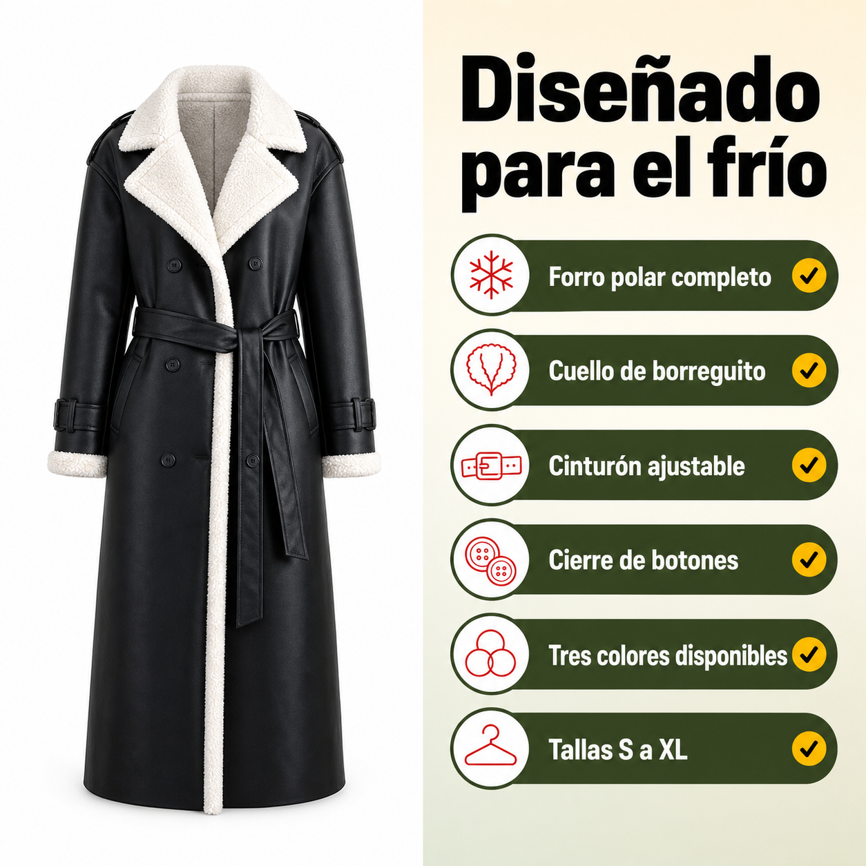 Infografía con características principales del abrigo largo: forro polar, cuello borreguito, cinturón ajustable y cierre de botones