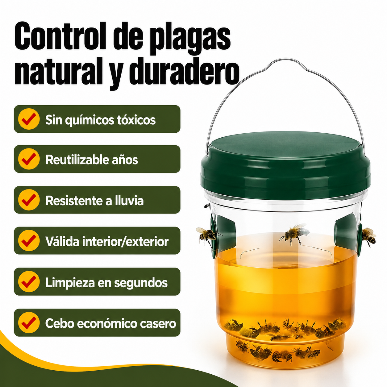 Infografía de beneficios de la trampa para avispas: sin químicos, reutilizable, impermeable, para interior y exterior