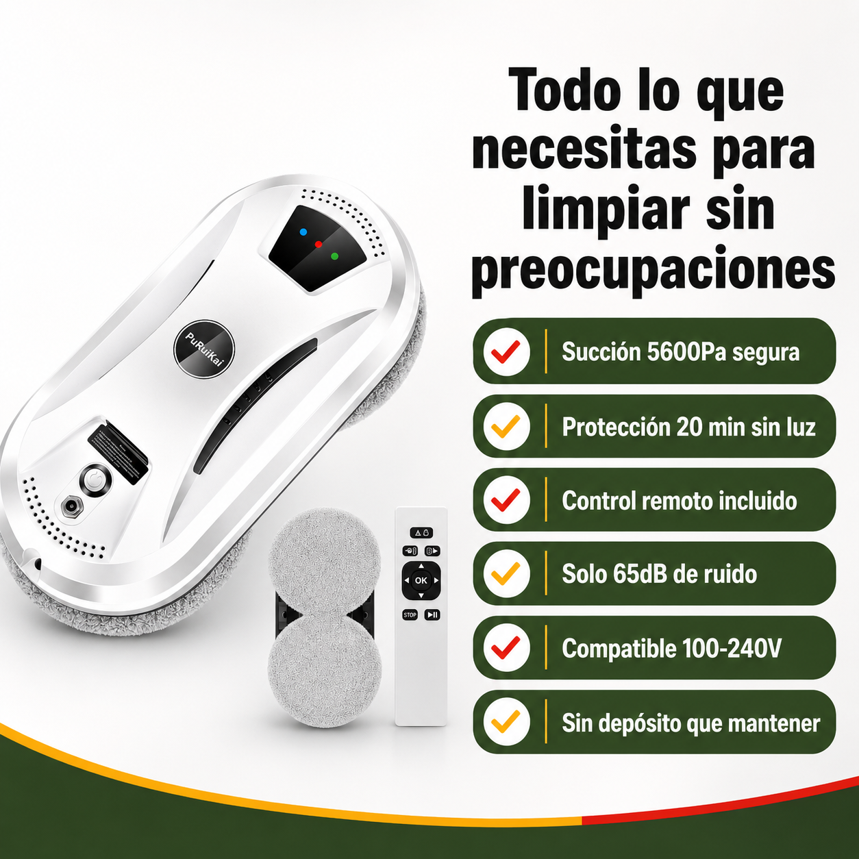 Lista de beneficios del robot limpiacristales: succión segura, protección ante cortes, control remoto y bajo ruido