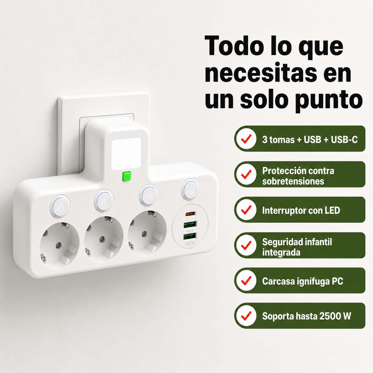 Diagrama de características de la regleta: 3 tomas AC, protección contra sobretensiones, USB-C y seguridad infantil