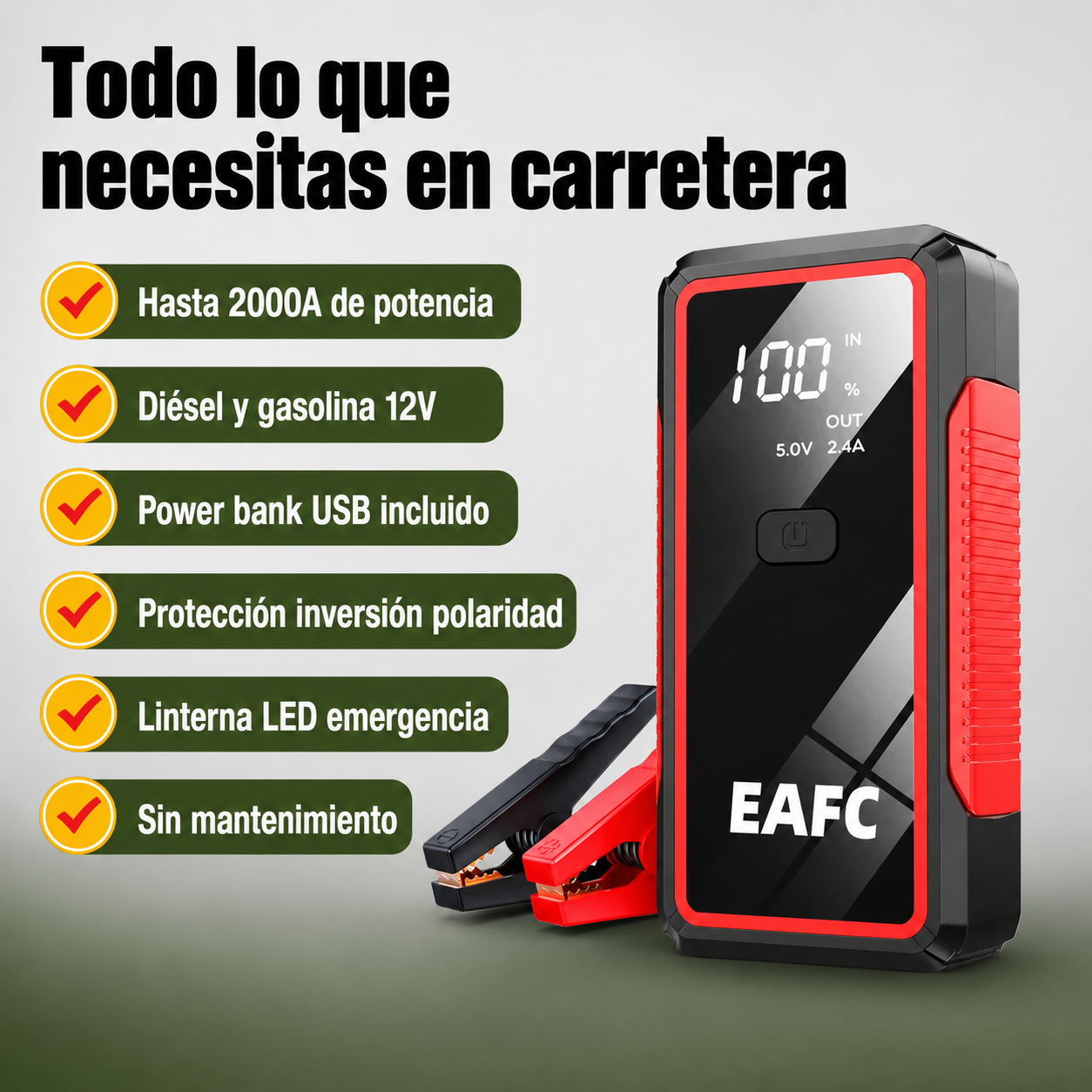 Lista de beneficios del arrancador portátil: protección contra polaridad inversa, linterna LED, power bank USB y compatibilidad diésel-gasolina