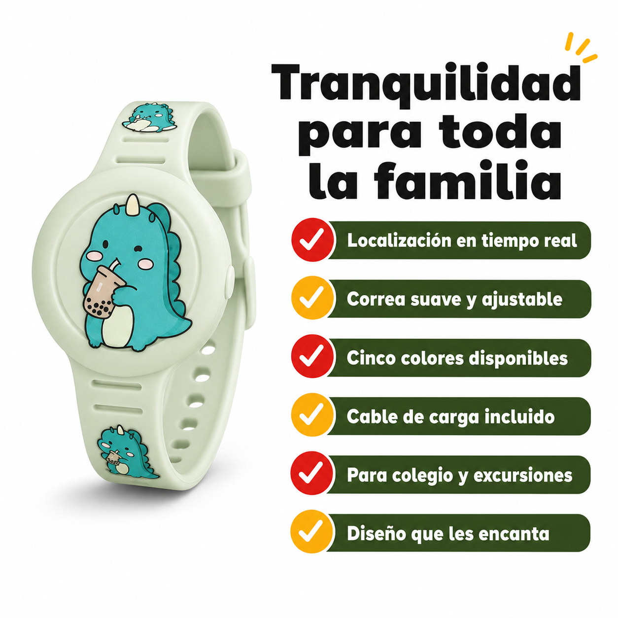 Lista de beneficios de la pulsera GPS infantil: localización en tiempo real, correa ajustable, diseño colorido