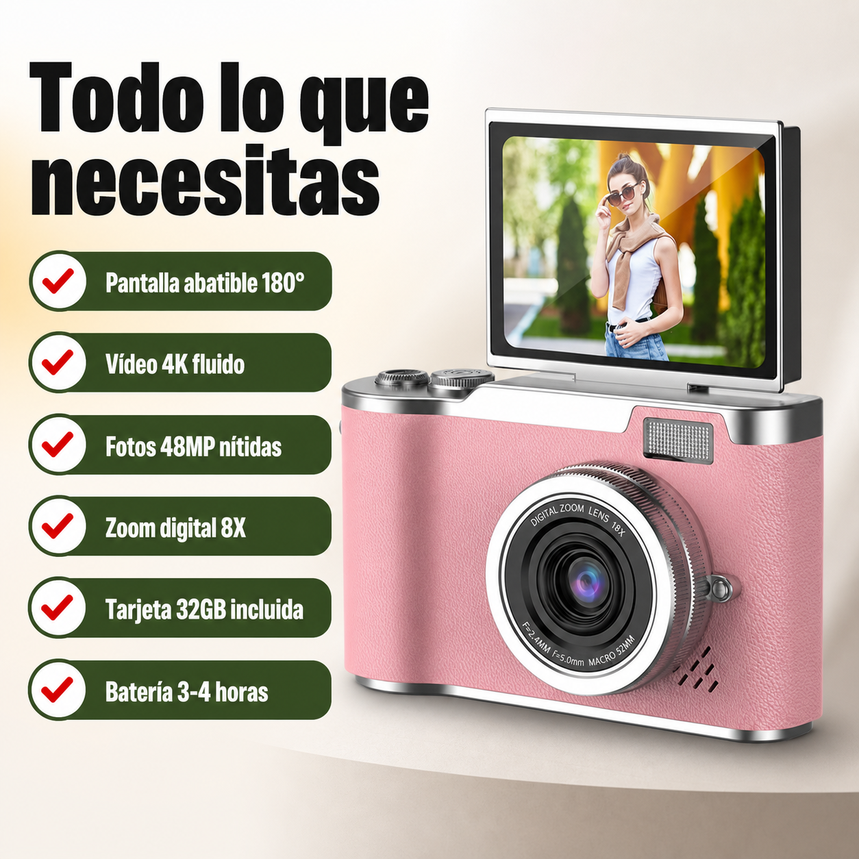 Lista de beneficios de la cámara digital 4K: pantalla abatible, 48MP, zoom 8X, batería recargable