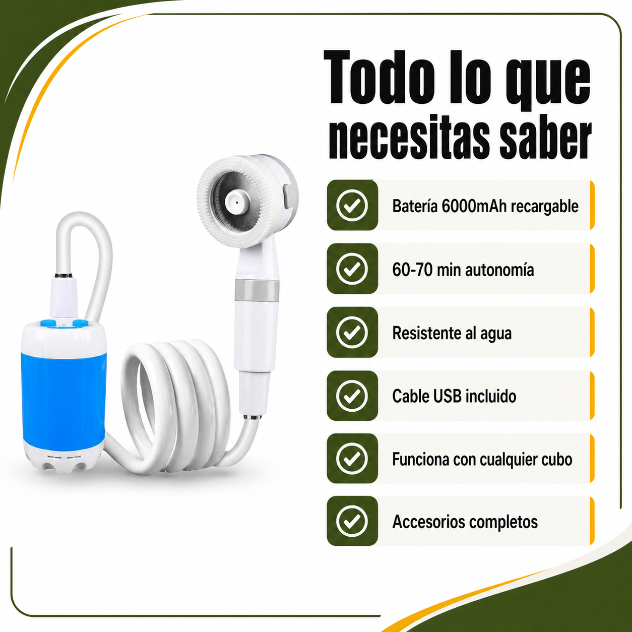 Infografía de beneficios de la bomba de ducha portátil: batería recargable, resistente al agua, autonomía extendida