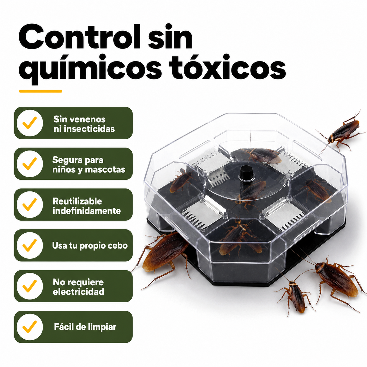 Infografía de beneficios de la trampa para cucarachas: sin químicos, reutilizable, segura para mascotas y fácil de usar