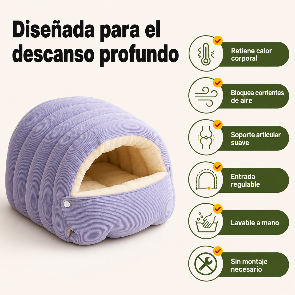 Infografía con los beneficios principales de la cama cueva de felpa para mascotas