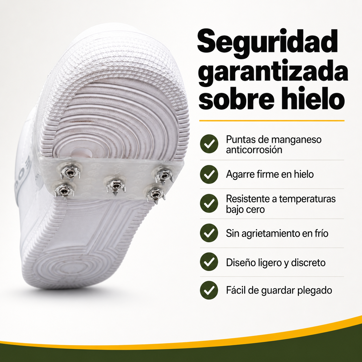 Diagrama de beneficios de los crampones antideslizantes: tracción, ajuste universal, resistencia a la corrosión y diseño ligero