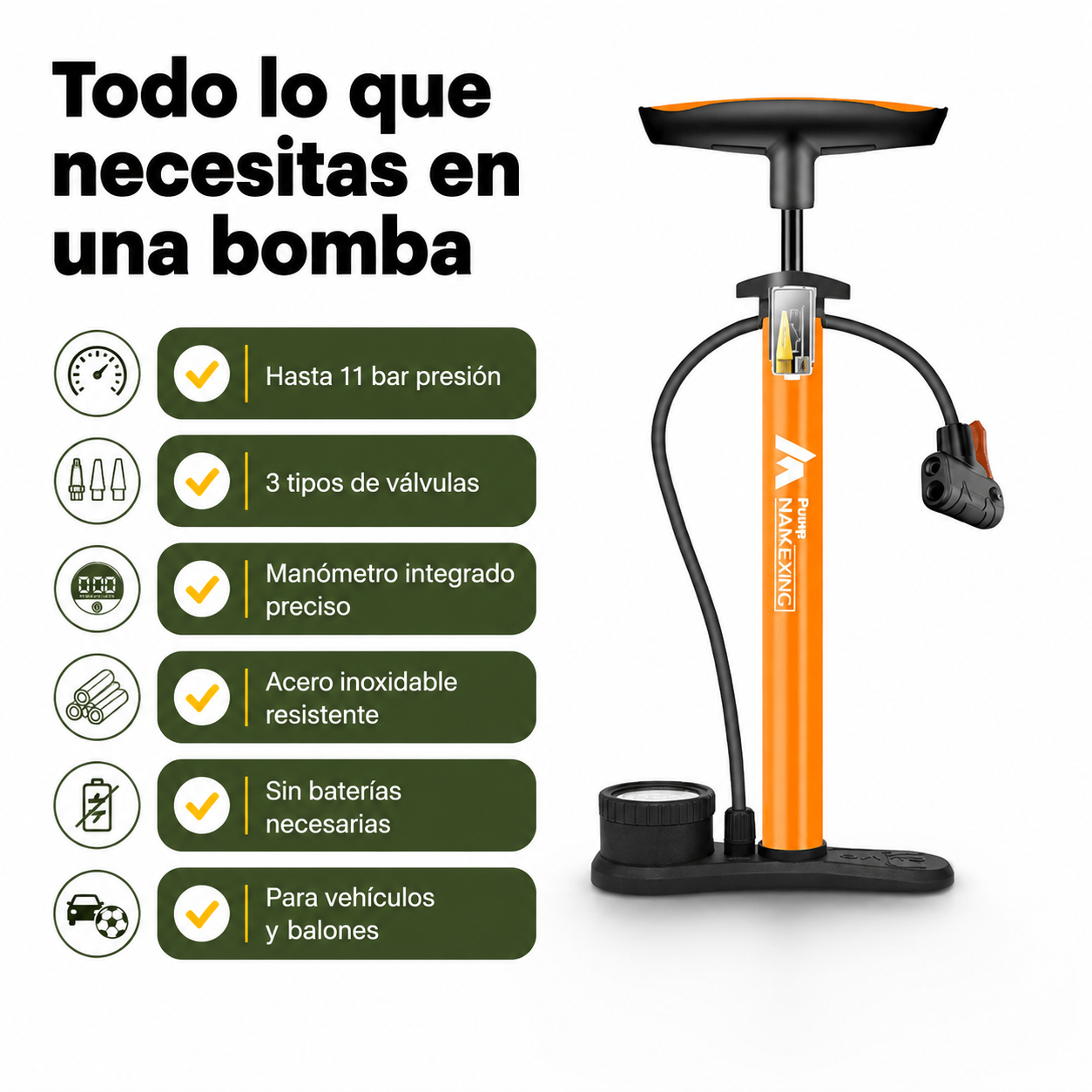 Diagrama de beneficios de la bomba manual: compatibilidad universal, manómetro preciso, construcción resistente y portabilidad