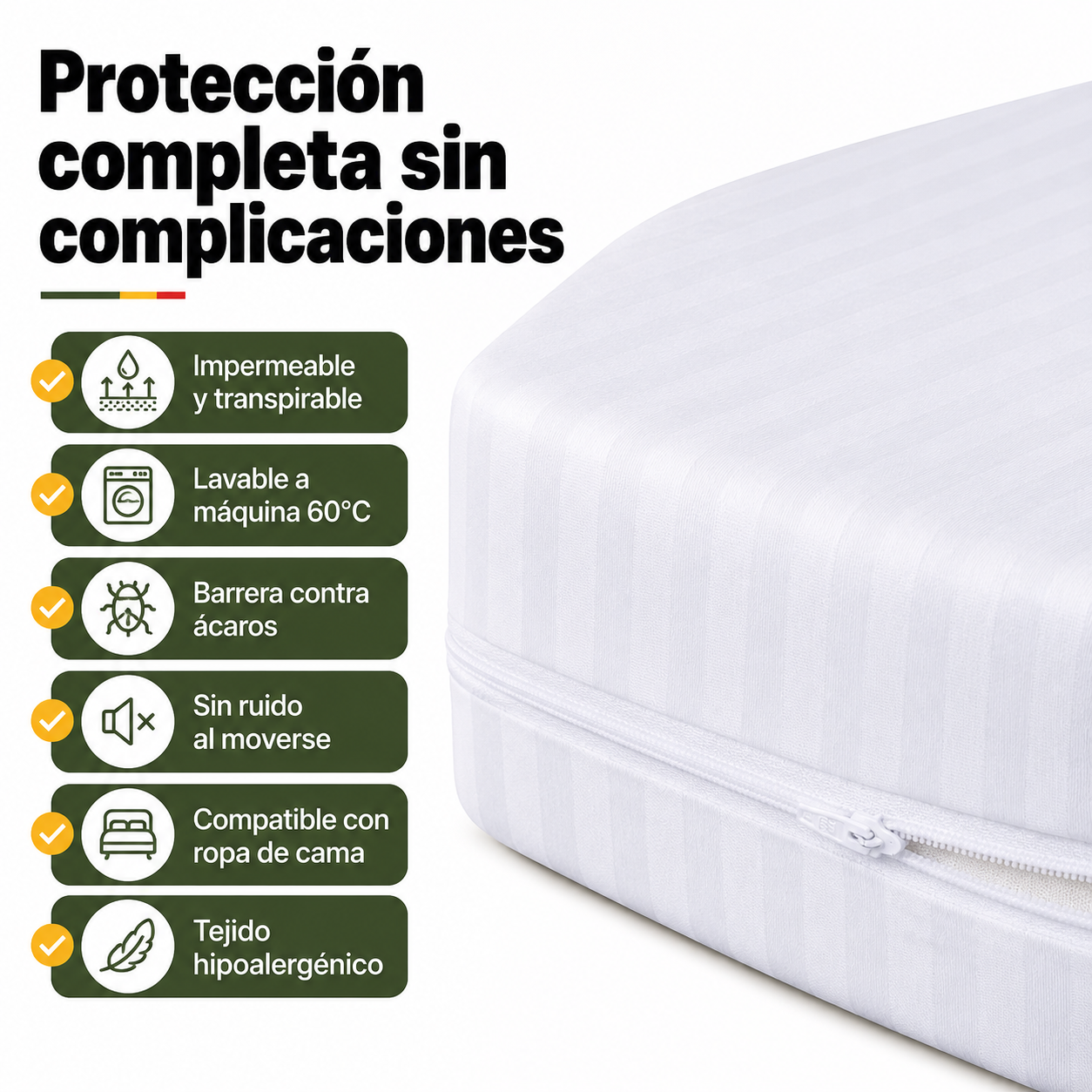 Lista de beneficios de la funda de colchón: impermeable, lavable, antiácaros y con cremallera