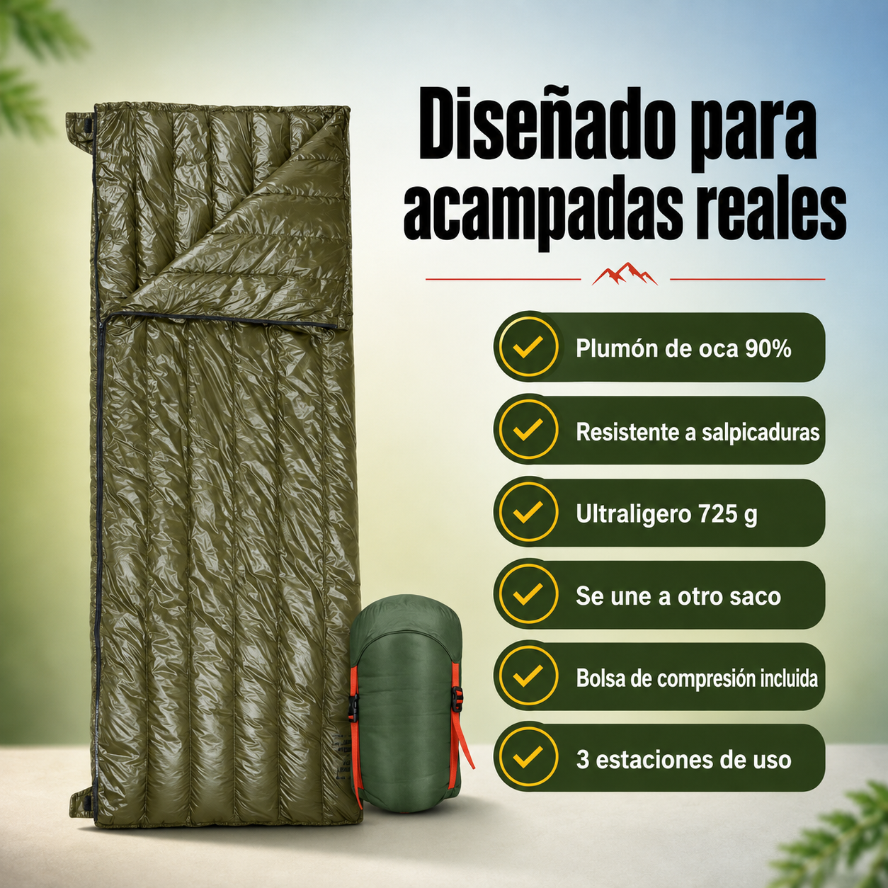 Diagrama de beneficios del saco de dormir: plumón 90%, resistente al agua, ultraligero, unible