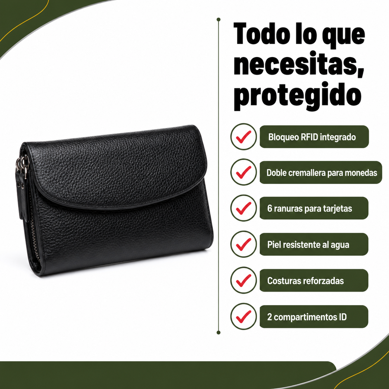 Lista de beneficios de la cartera: protección RFID, doble cremallera, 6 ranuras para tarjetas y piel resistente