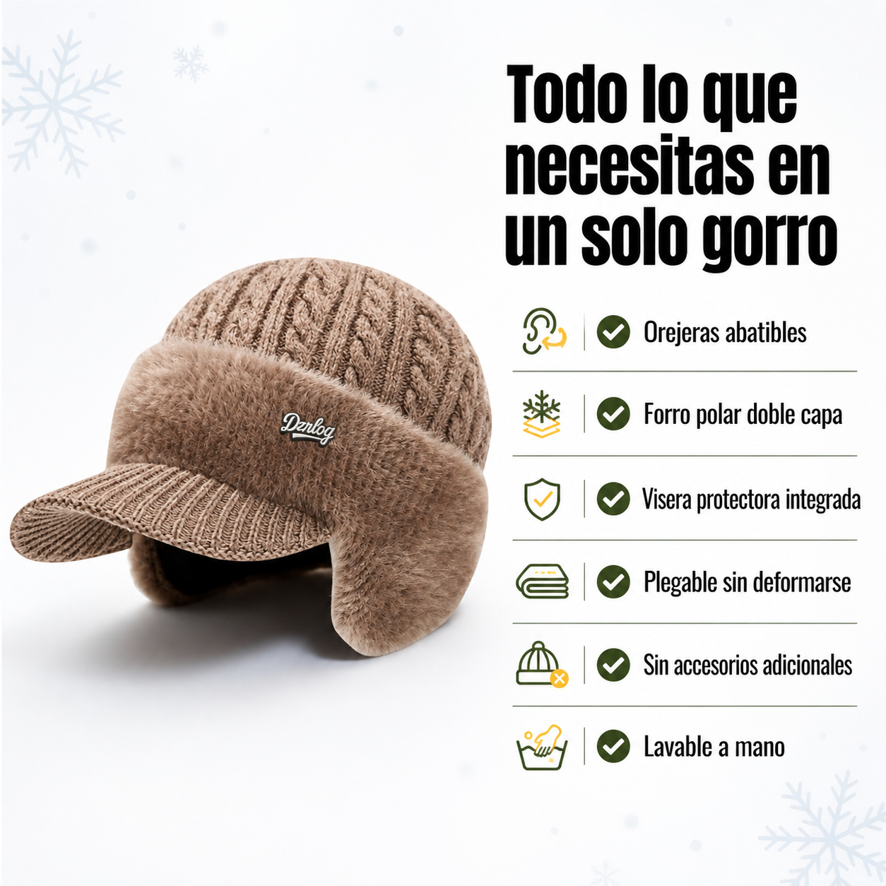 Lista de beneficios del gorro trapper: orejeras abatibles, forro polar, visera integrada y peso ligero