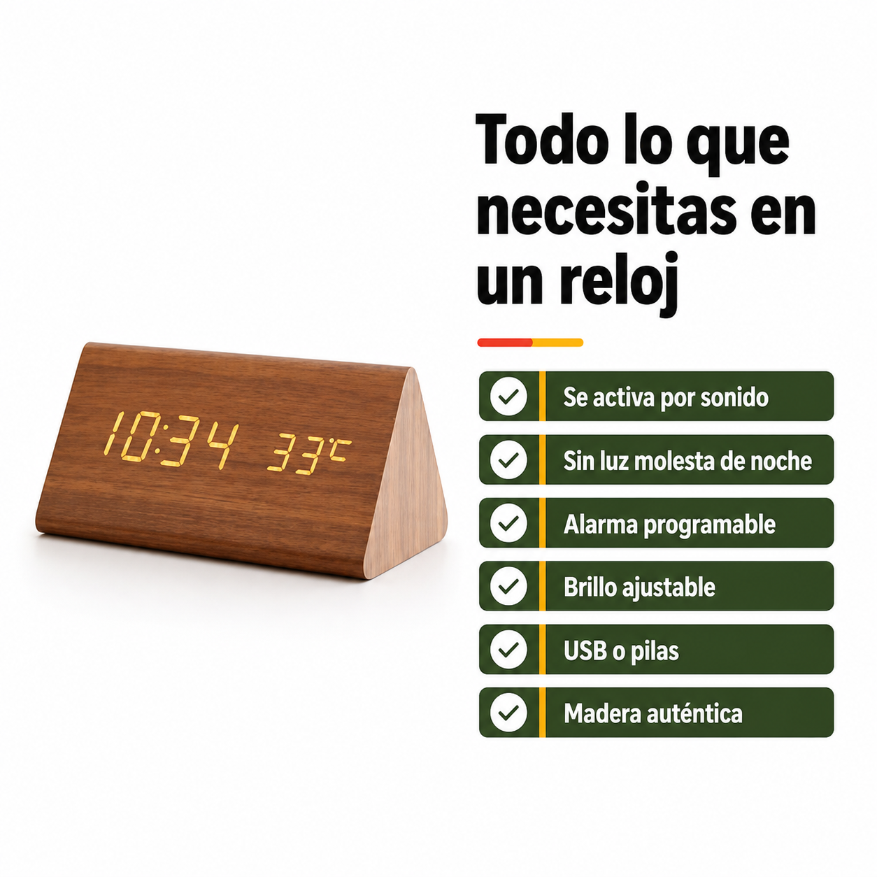 Diagrama de beneficios del reloj LED de madera: activación por voz, sin luz constante, alarma integrada y doble alimentación