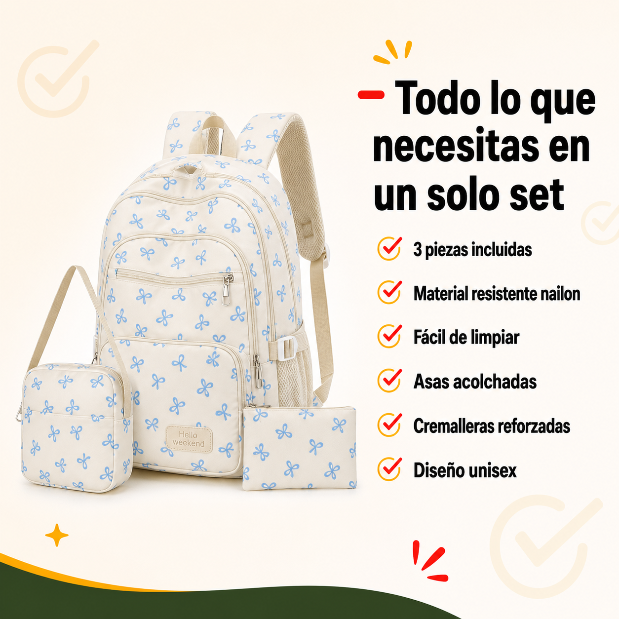 Infografía destacando las ventajas del set de mochila escolar: tres piezas incluidas, material resistente y fácil limpieza