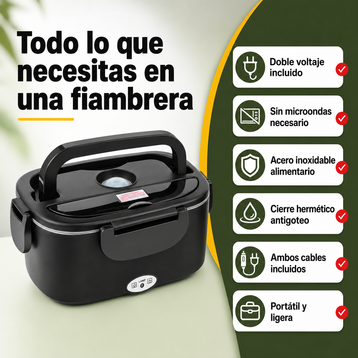 Diagrama de beneficios de la fiambrera eléctrica destacando doble voltaje, acero inoxidable y portabilidad