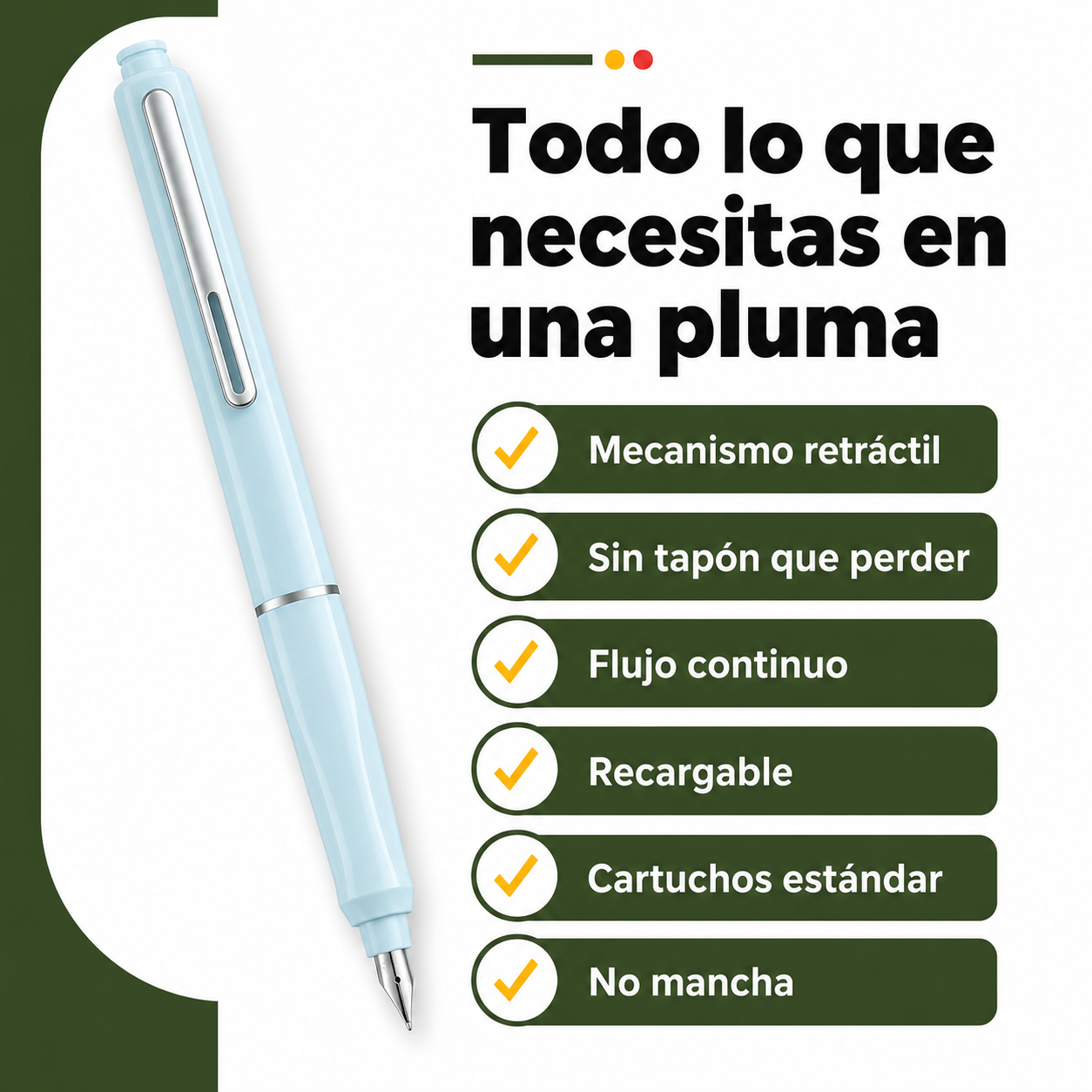 Imagen de checklist con beneficios clave de la pluma estilográfica retráctil sin tapón