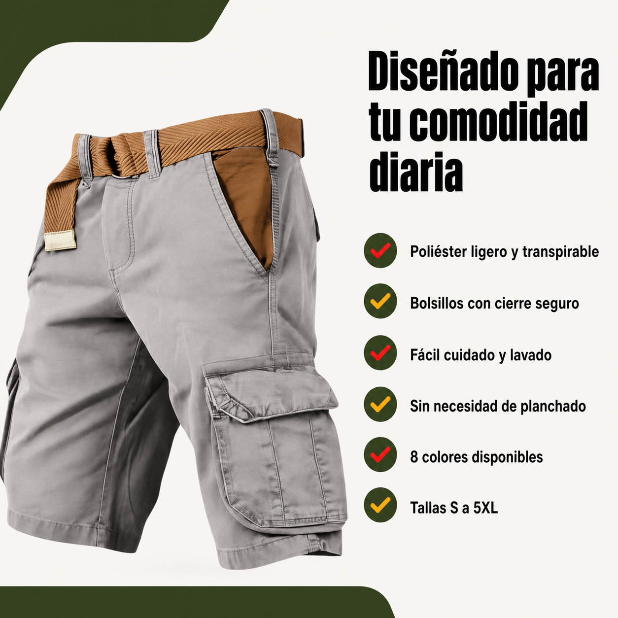 Infografía de beneficios del pantalón corto cargo MAVERICK destacando características principales en formato checklist