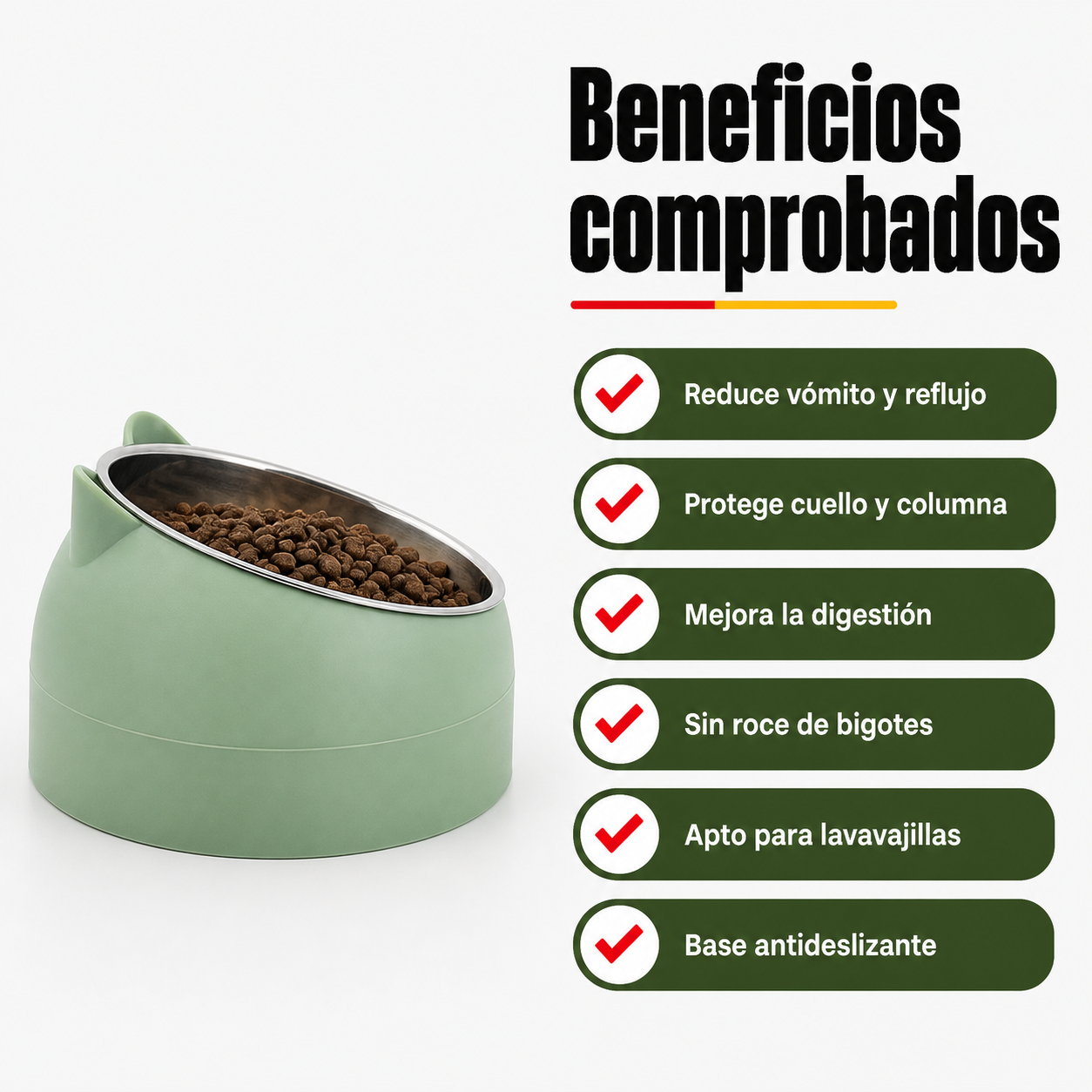 Infografía con los beneficios del comedero antivómitos para gatos: reduce vómito, protege cuello, mejora digestión