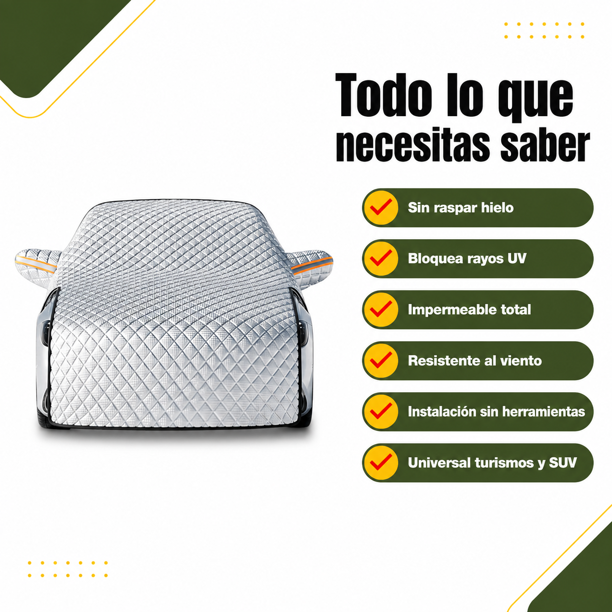 Lista de beneficios de la cubierta parabrisas: sin raspar hielo, protección UV, instalación rápida, universal