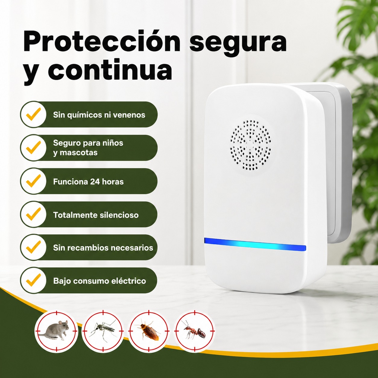 Lista de beneficios del repelente ultrasónico: sin químicos, seguro para niños, funcionamiento continuo y silencioso