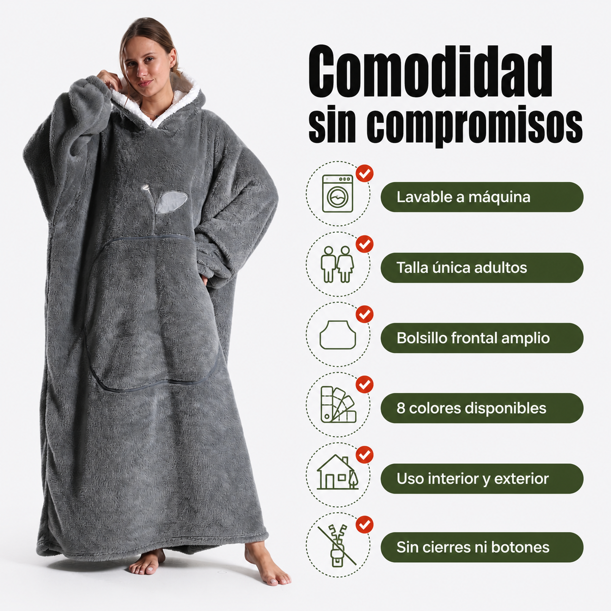 Lista de beneficios de la manta con capucha: lavable a máquina, talla única, bolsillo frontal, uso interior y exterior