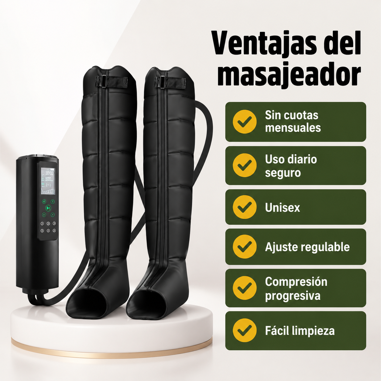 Infografía del masajeador de piernas destacando sus beneficios principales: sin suscripción, uso diario, unisex y ajustable
