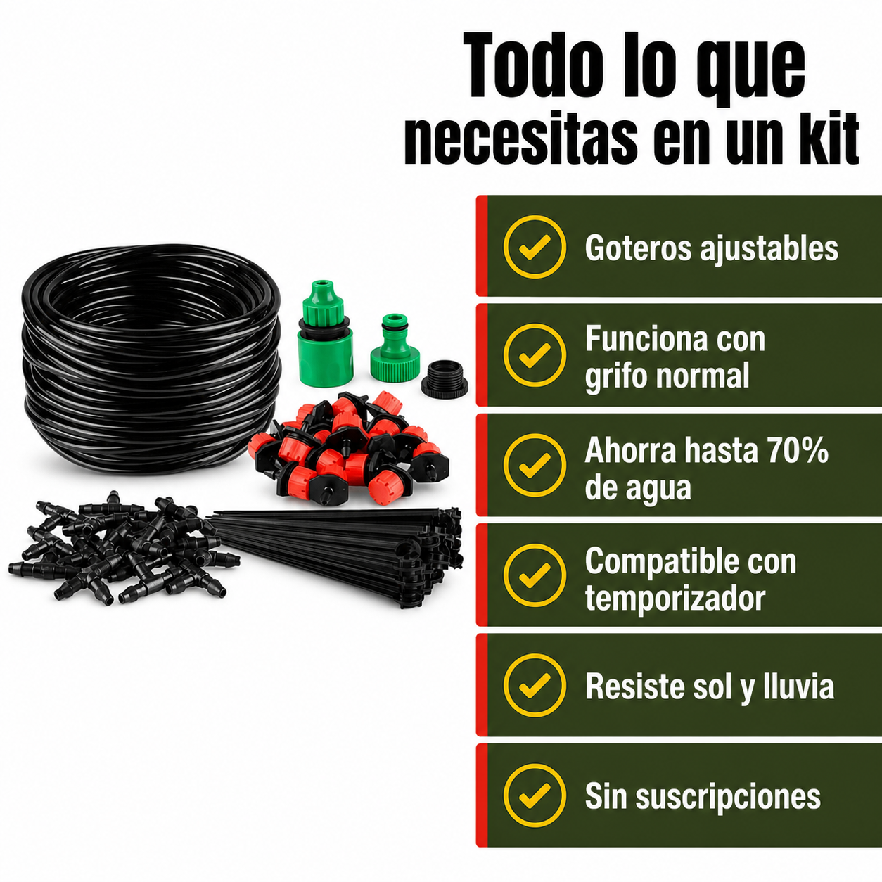 Infografía con lista de beneficios del sistema de riego por goteo ajustable