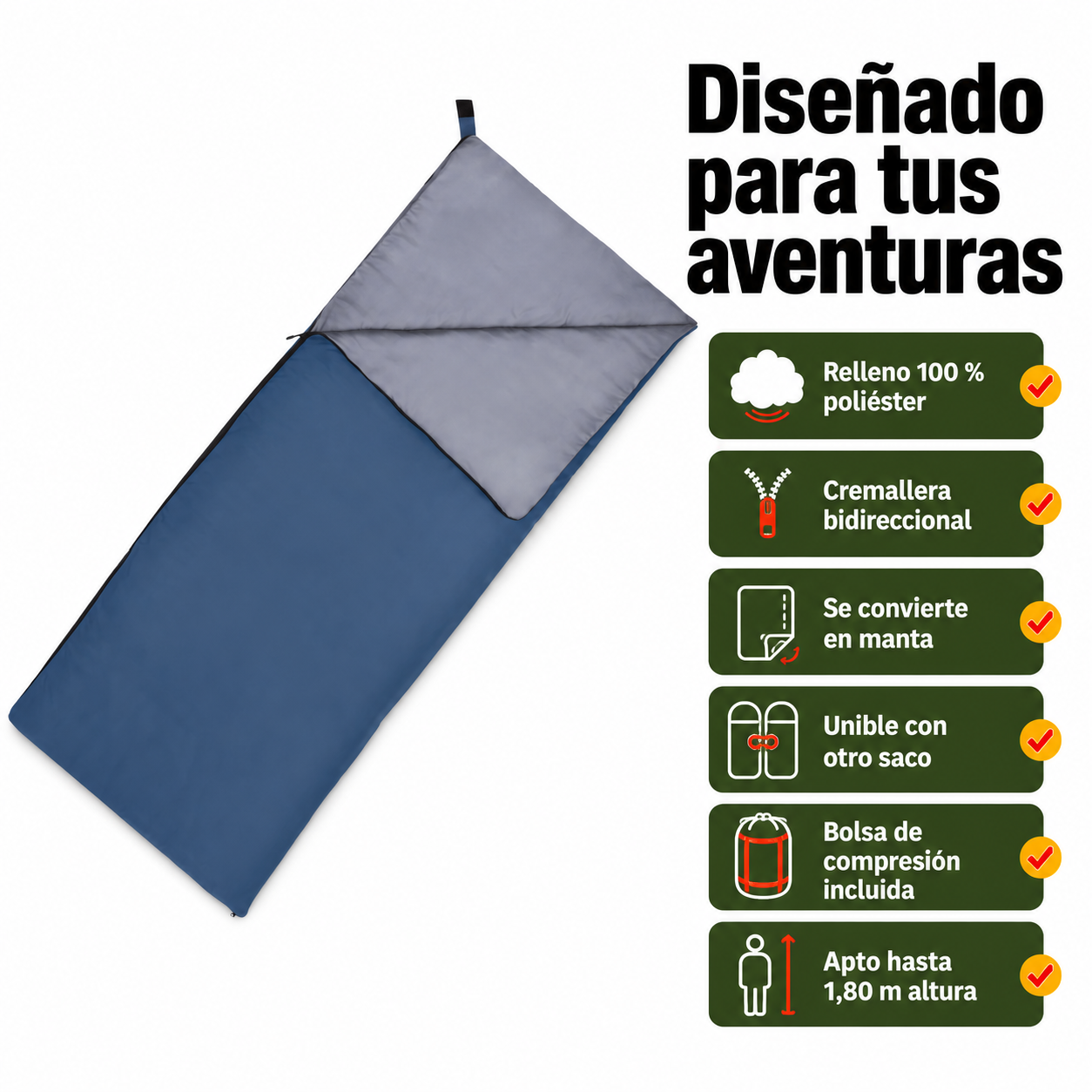 Lista de beneficios del saco de dormir: ligero, compacto, convertible en manta, unible