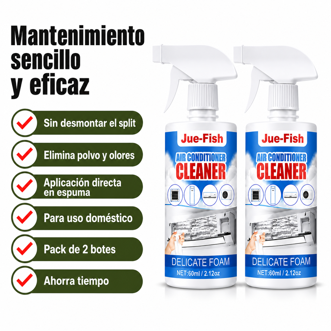 Diagrama con los beneficios del limpiador en espuma para aire acondicionado: sin desmontaje, elimina olores, pack de 2 botes