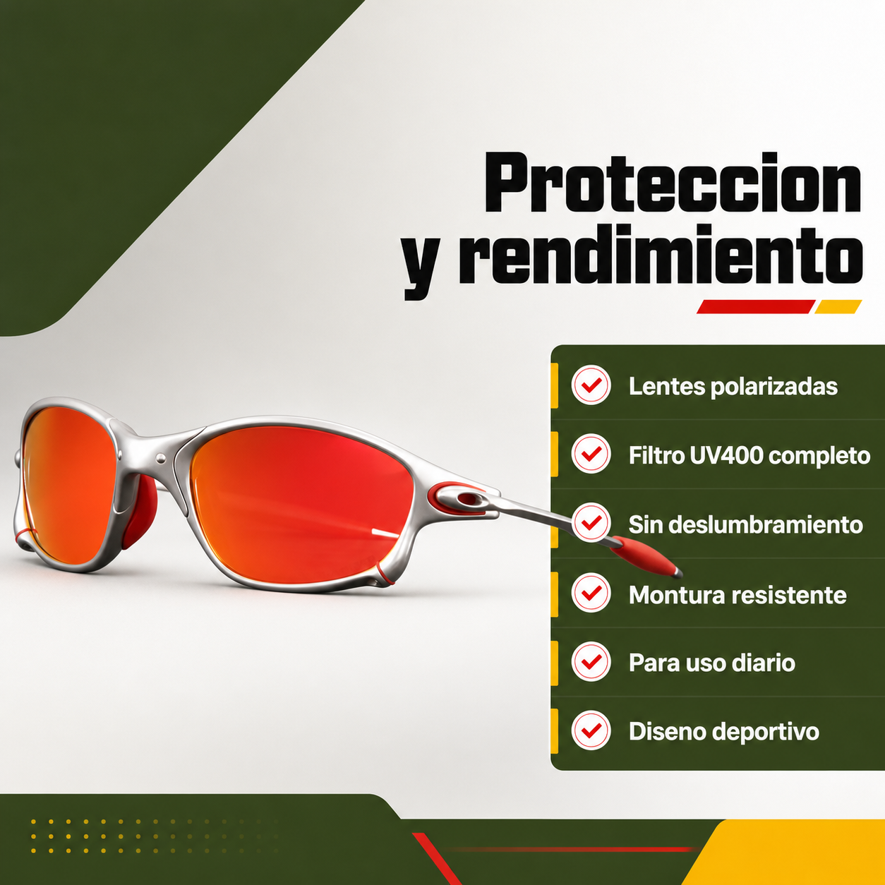 Diagrama de beneficios de las gafas de sol deportivas polarizadas con protección UV400 y montura de aluminio