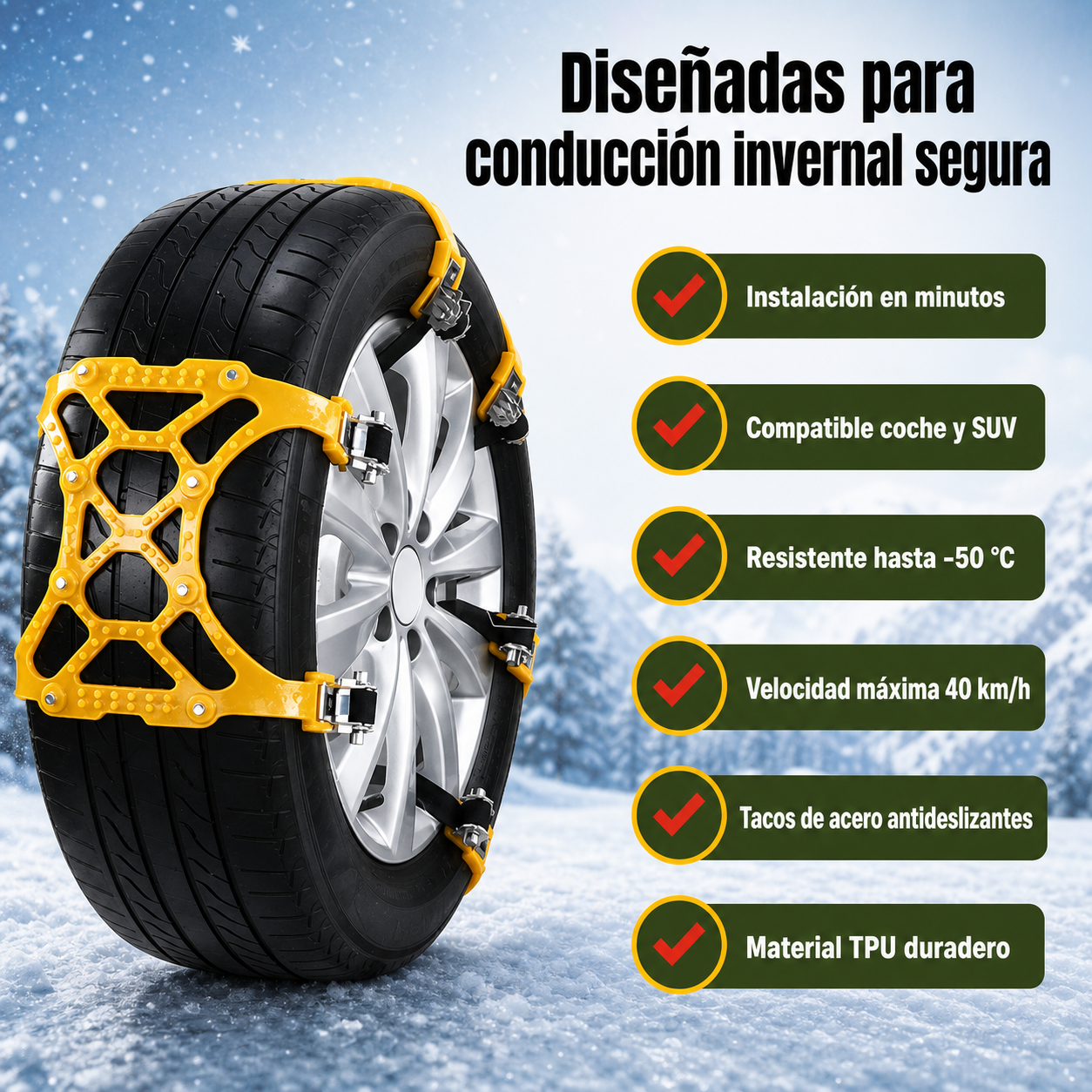 Infografía de beneficios de las cadenas de nieve: instalación sin herramientas, compatibilidad 185-295mm, resistencia -50°C y tracción reforzada