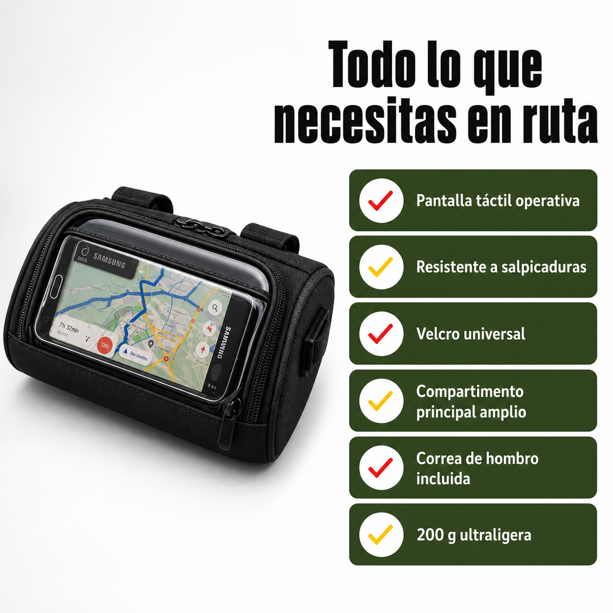 Lista de beneficios de la bolsa de manillar: pantalla táctil funcional, resistente al agua, fijación estable, espacio organizado
